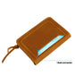 Tan leather small wallet with visible card pocket and zipper coin pouch.