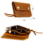 Tan leather small wallet with zipper coin purse, snap front, and card slots.
