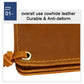 Small brown leather wallet corner close-up with stitched edge and zipper track