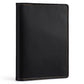 Black genuine leather passport card holder wallet with contrast stitched border, front view.