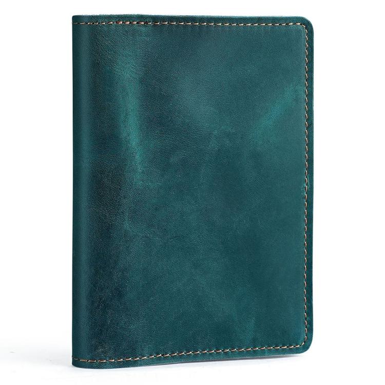 Teal genuine leather passport card holder wallet with contrast stitched border, front view.