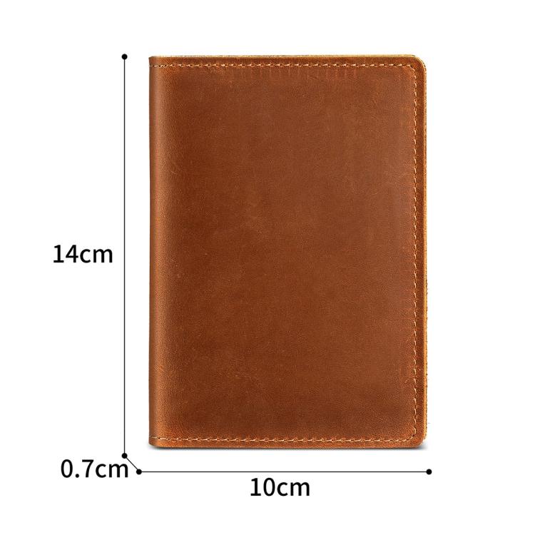 Brown genuine leather passport card holder wallet, 10cm wide and 14cm tall.