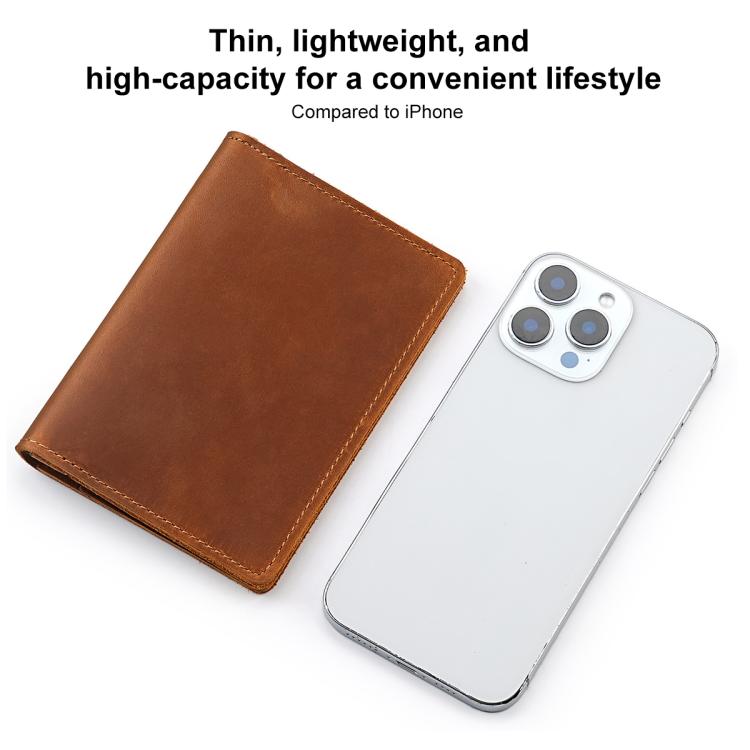 Brown leather passport holder wallet with stitched edges, folded.