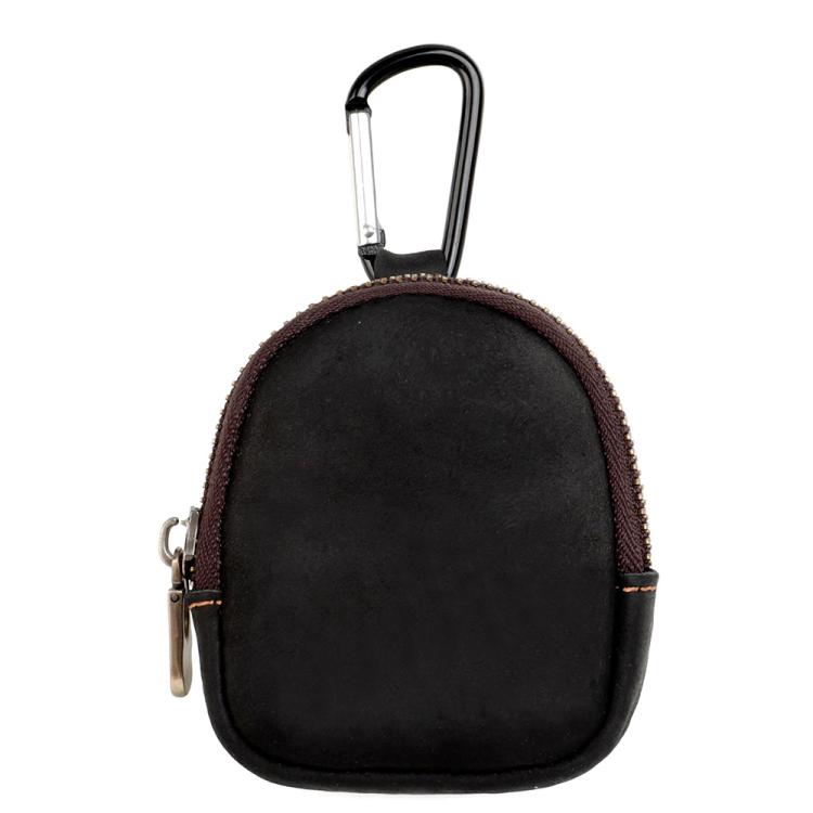 Black leather shell coin purse with metal carabiner and zipper pocket