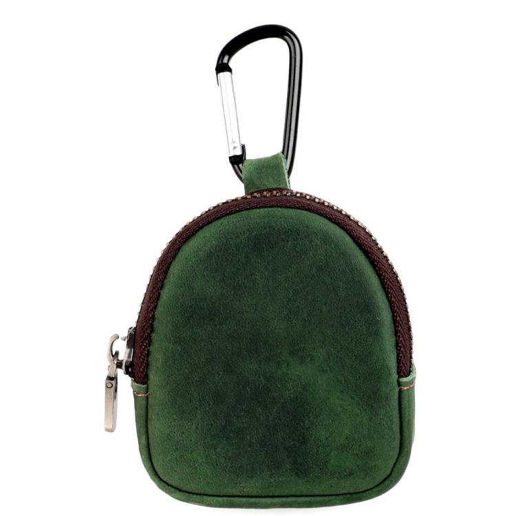Green leather shell coin purse with metal carabiner and zipper closure