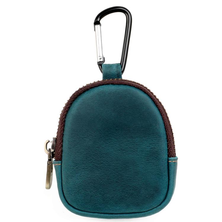 Teal leather shell coin purse with metal carabiner and zip closure