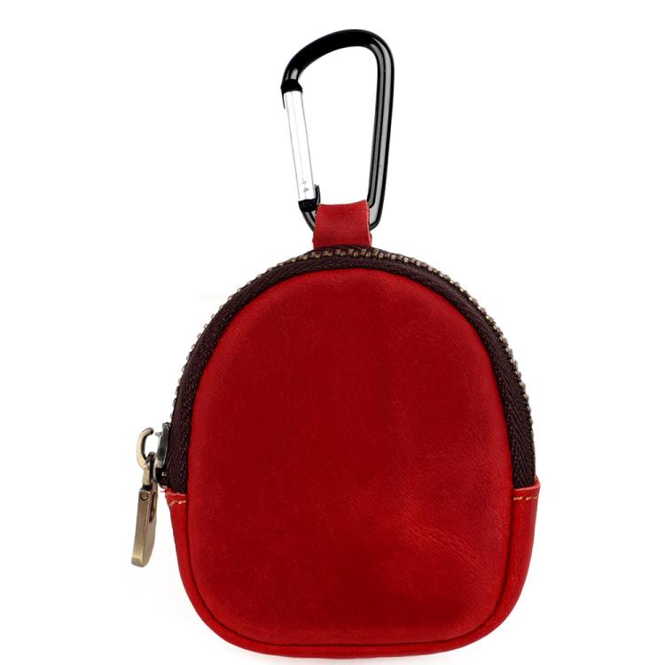 Red leather shell coin purse with metal carabiner and zipper closure
