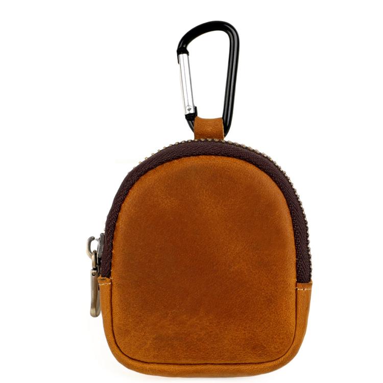 Brown leather shell coin purse with metal carabiner and zipper pocket