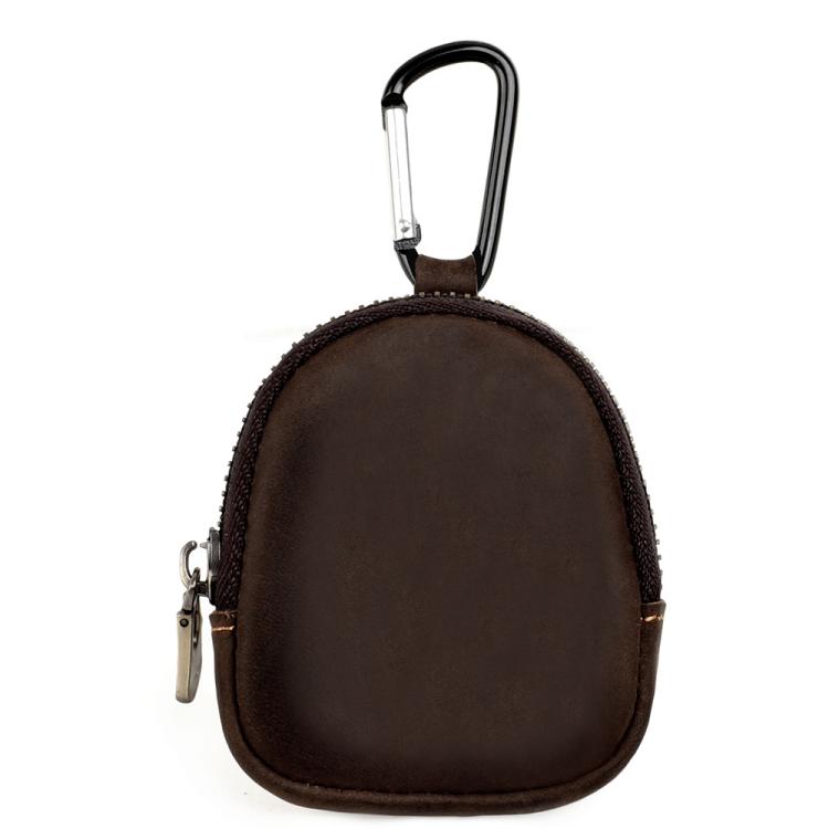 Dark brown leather shell coin purse with metal carabiner and zipper closure