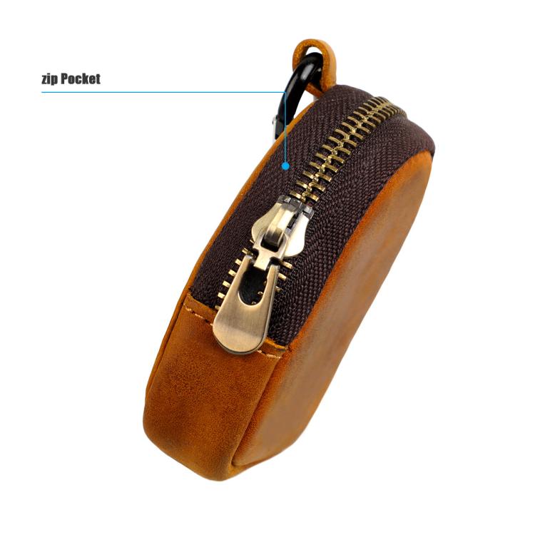 Coffee leather shell coin purse with zipper and metal carabiner, coin pocket
