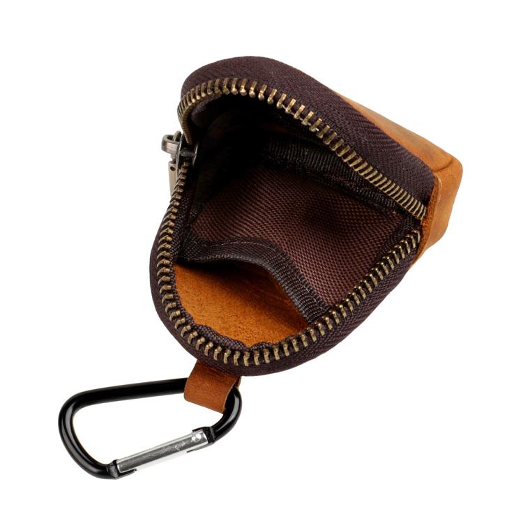 Open brown leather shell coin purse with zipper lining and metal carabiner