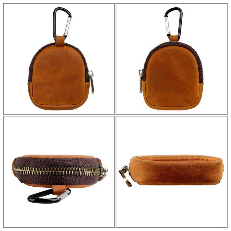 Small genuine leather shell coin purse with zip and top loop clasp, brown/tan