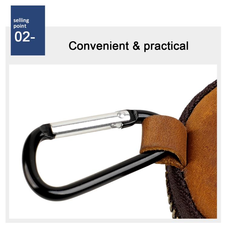 Zip leather coin purse with metal carabiner clip and leather loop, tan shell shape