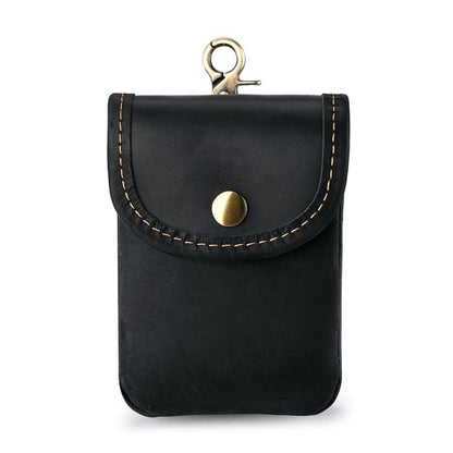 Men's black leather small pouch with snap flap and metal keyring