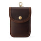 Men's dark brown leather small pouch with snap flap and metal keyring
