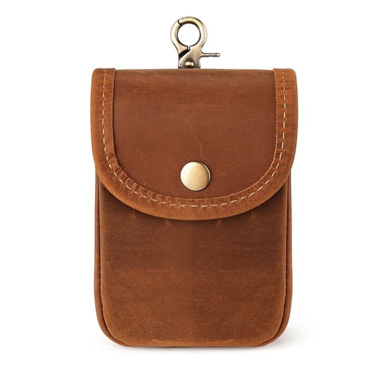 Men's tan leather small pouch with snap flap and metal keyring