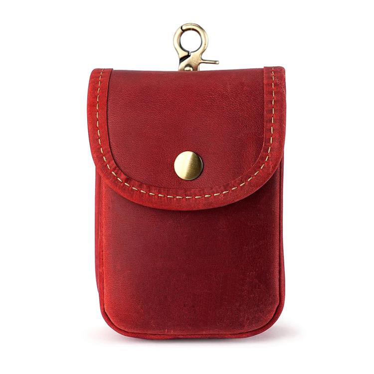 Men's red leather small pouch with snap flap and metal keyring