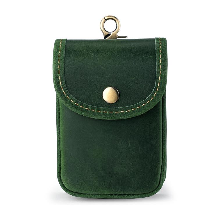 Men's dark green leather small pouch with snap flap and metal keyring
