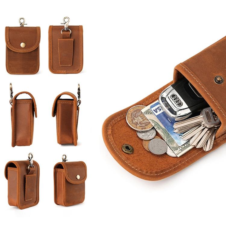 Tan leather snap pouch with metal ring, shown with coins and cards inside