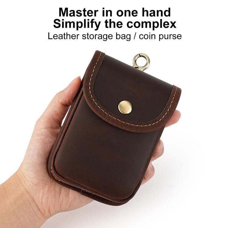 Brown genuine leather small waist bag with front snap pocket and key ring loop