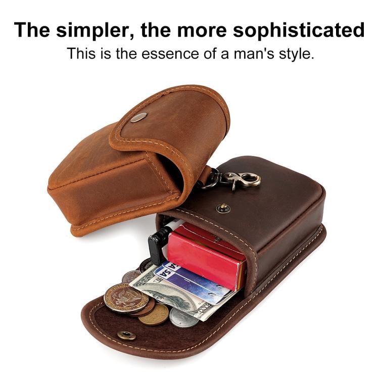 Genuine leather small waist bag, open front showing cash and coins with key ring