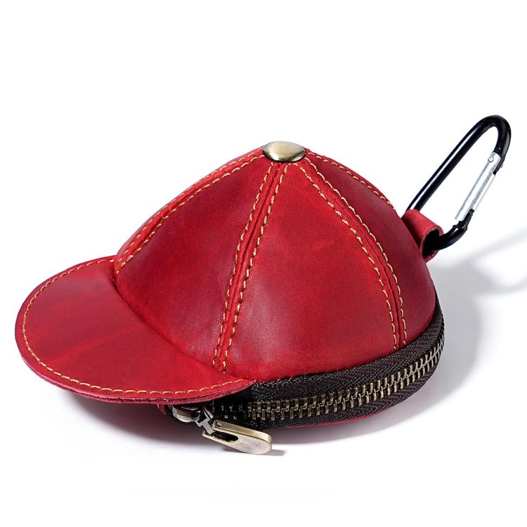 Red hat-shaped leather coin purse with full zipper and metal key clip