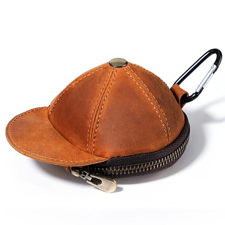 Tan/orange hat-shaped leather coin purse with full zipper and metal key clip