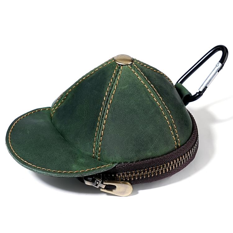 Green hat-shaped leather coin purse with full zipper and metal key clip