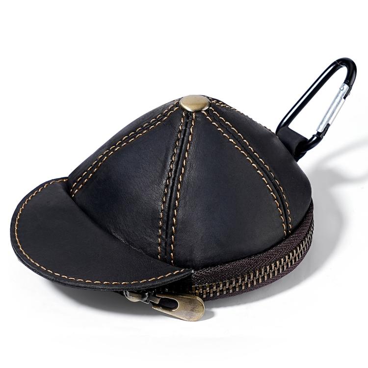 Black hat-shaped leather coin purse with full zipper and metal key clip