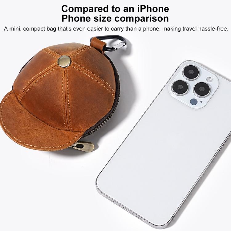 Brown cap-style coin purse with metal snap button, shown beside a smartphone