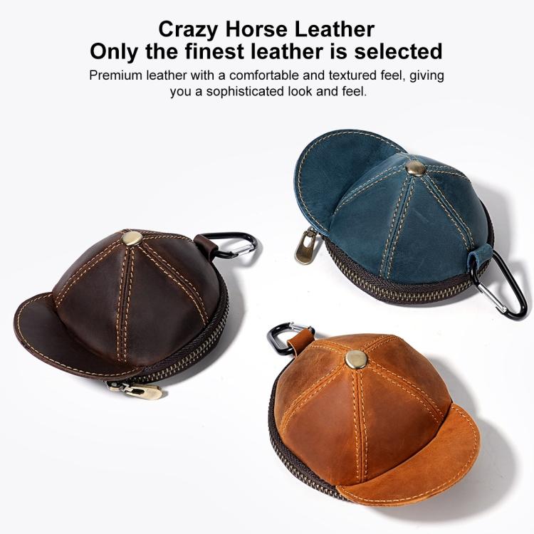 Hat-shaped leather coin purses with zippers and key clips in assorted colors