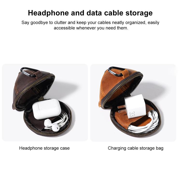 Brown cap-style coin purse with zipper, shown holding small earbuds and charging cable
