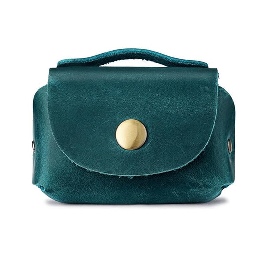 Teal genuine leather mini coin purse with curved flap and brass snap button