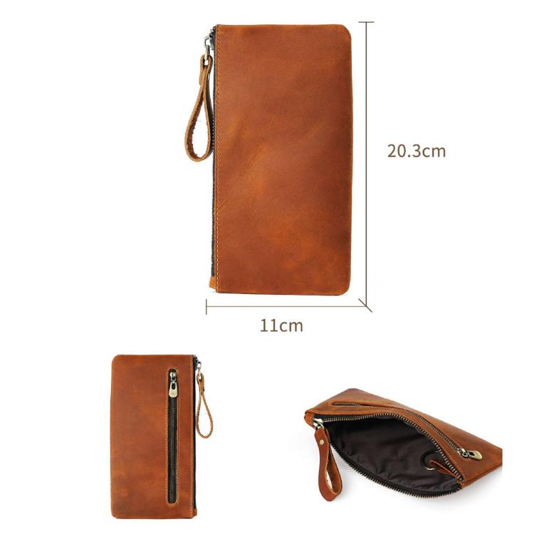 Tan leather phone organizer clutch wallet with wrist strap and top zipper