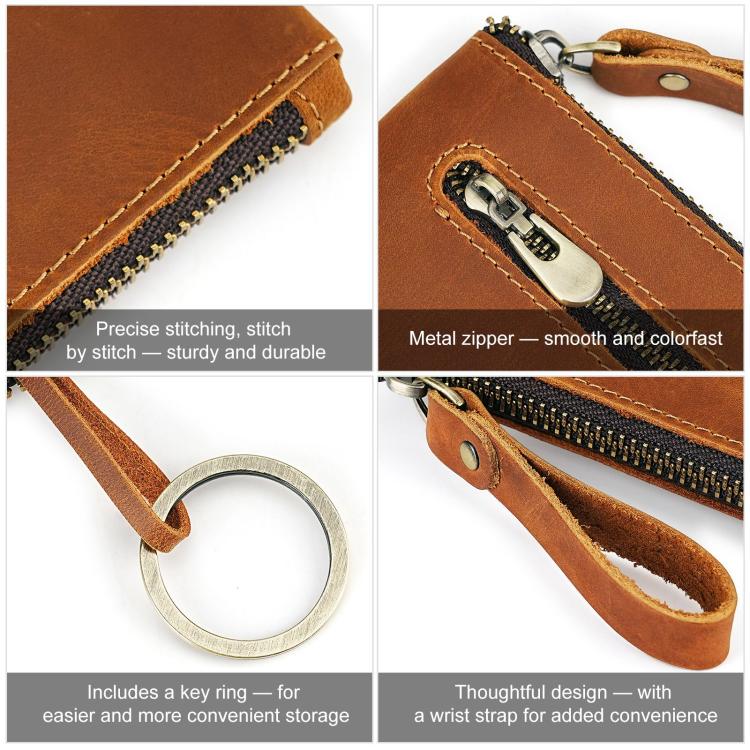 Close-up tan leather clutch showing zipper, stitching, and wrist strap key ring