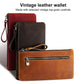 Vintage leather phone wallet clutch with zipper, wrist strap; brown, black, and red shown
