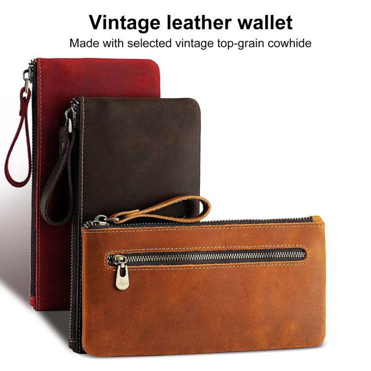 Vintage leather phone wallet clutch with zipper, wrist strap; brown, black, and red shown
