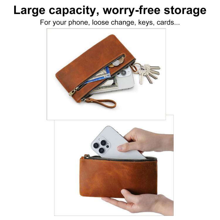 Vintage leather phone wallet clutch, brown, zip closure, holds smartphone and cards