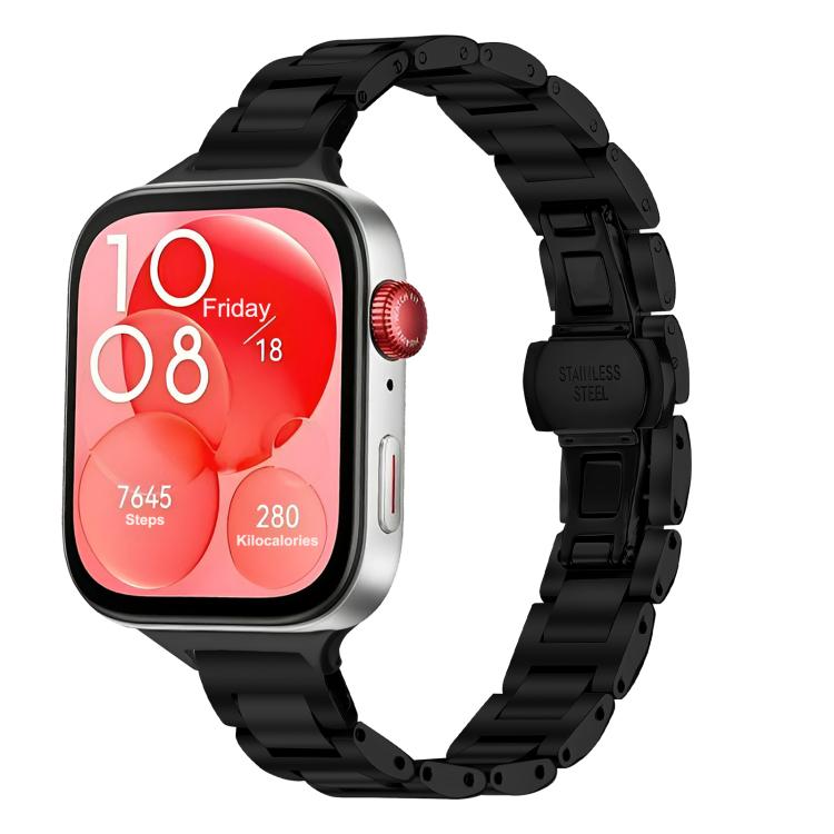 Black stainless steel linked watch band with butterfly clasp, attached to a smartwatch.