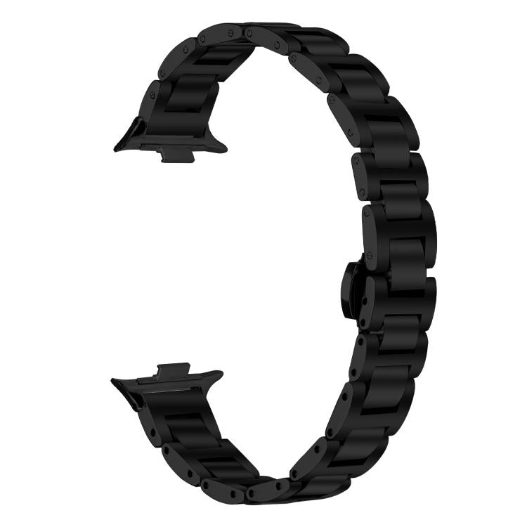 Black stainless steel linked watch band shown open with watch attachment ends.