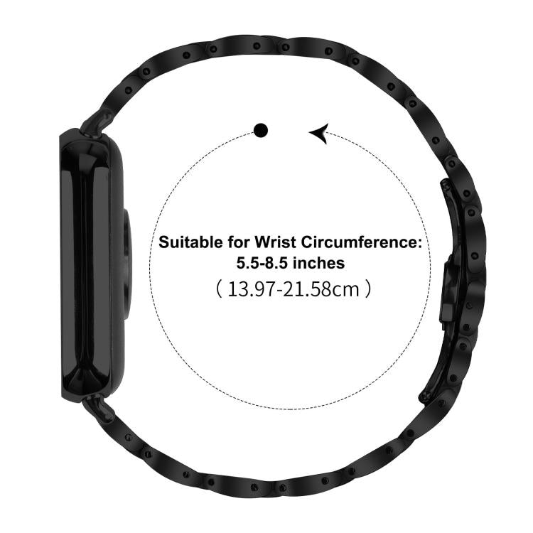 Black stainless steel watch band with adjustable links, shown closed around a wrist-size guide.