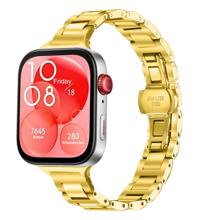Gold stainless steel linked watch band with butterfly clasp, attached to a smartwatch.