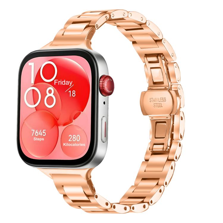 Rose gold stainless steel linked watch band with butterfly clasp, attached to a smartwatch.