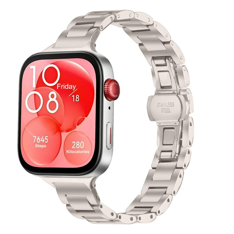Starlight stainless steel linked watch band with butterfly clasp, attached to a smartwatch.