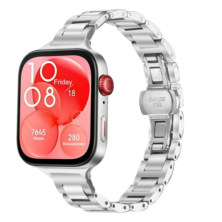 Silver stainless steel linked watch band with butterfly clasp, attached to a smartwatch.