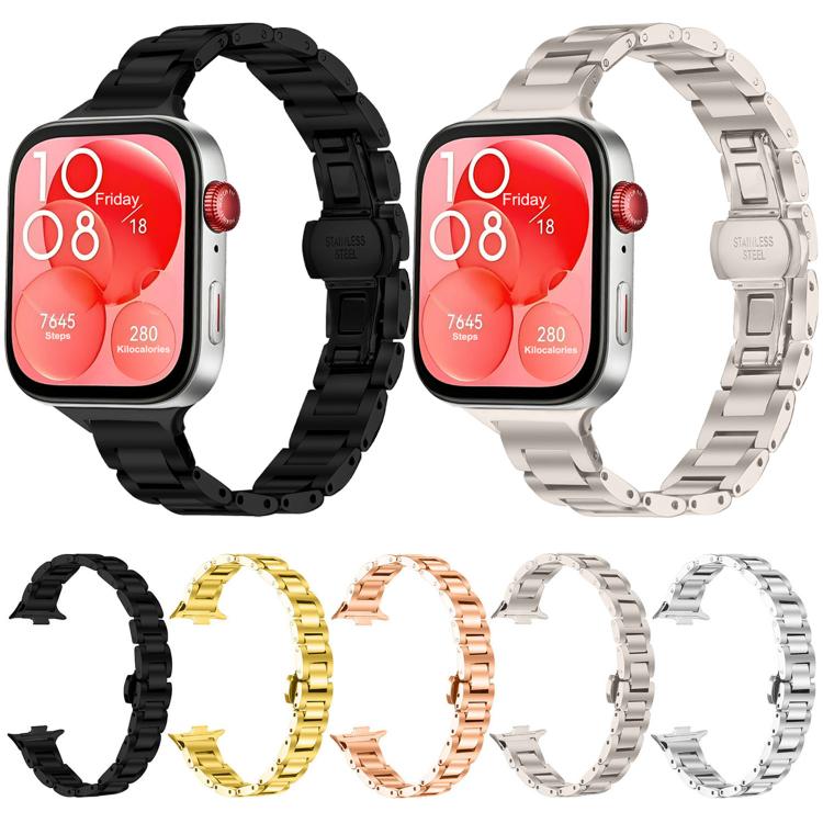 Stainless steel linked watch bands in black, gold, rose gold, starlight, and silver.