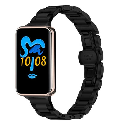 Black stainless steel link watch band with butterfly clasp, attached to a rectangular smartwatch