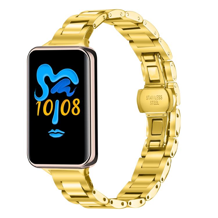 Gold stainless steel link watch band with butterfly clasp, attached to a rectangular smartwatch