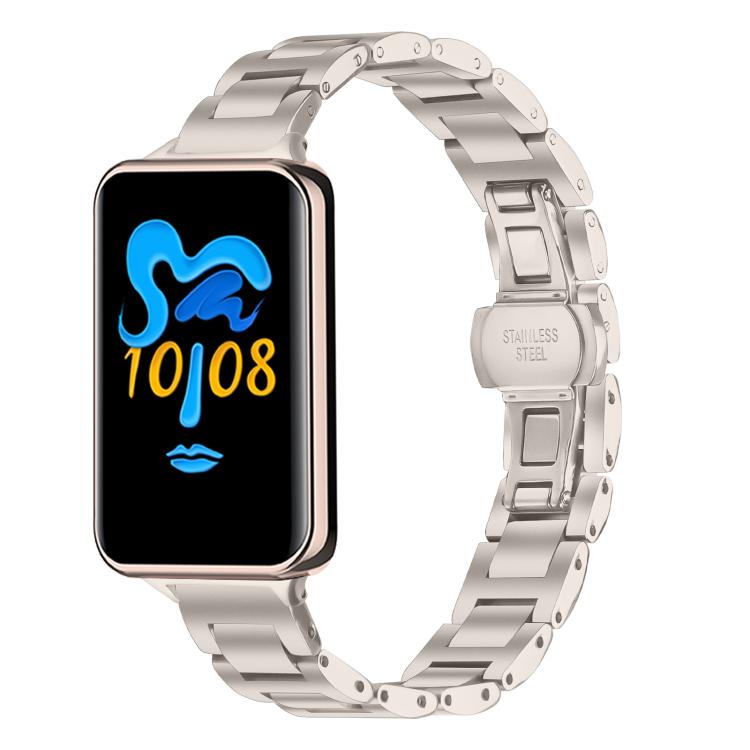 Starlight stainless steel link watch band with butterfly clasp, attached to a rectangular smartwatch