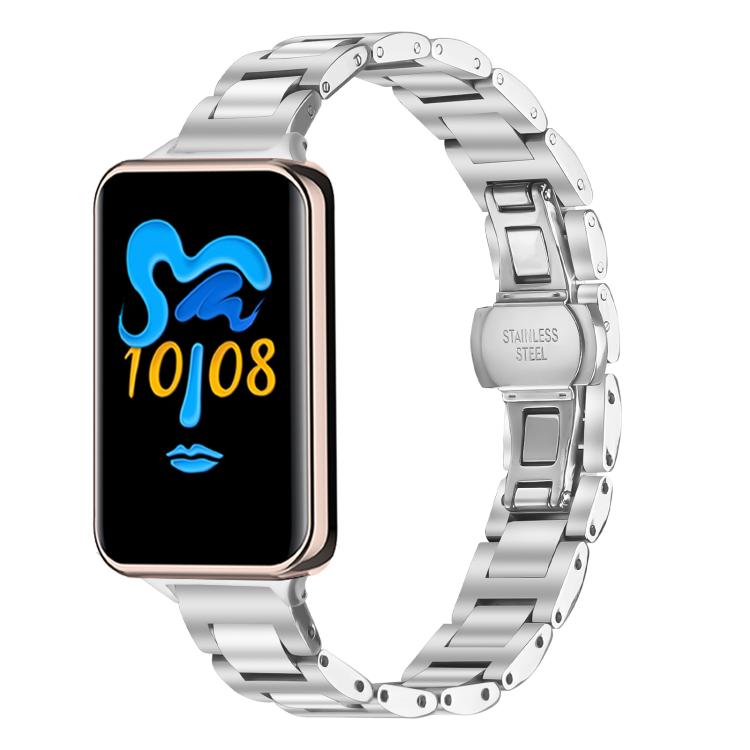 Silver stainless steel link watch band with butterfly clasp, attached to a rectangular smartwatch